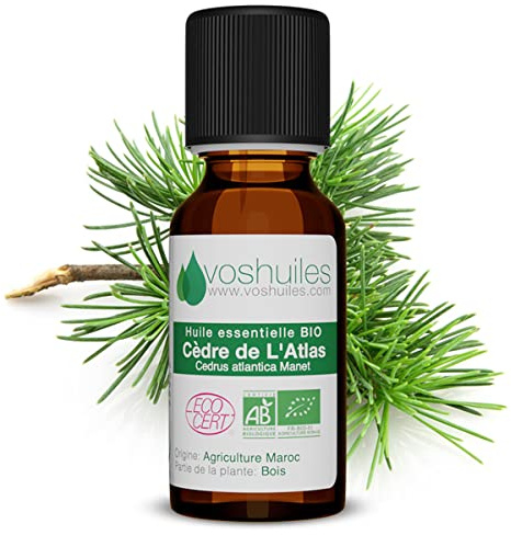 Huile Essentielle BIO de Cèdre de L'Atlas - 100% Pure et Naturelle - HEBBD et ECOCERT - Idéal pour Diffuseur ou Chasser les Insectes - Parfum Boisé - 125 ml - VOSHUILES