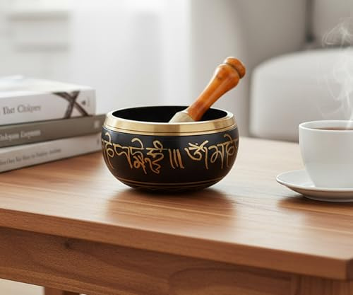 eSplanade - 5 Zoll - Klangschale tibetisches buddhistisches Gebetsinstrument mit Schlagstock | OM Bell | OM Bowl | Meditationsschale | Musiktherapie (Schwarz)