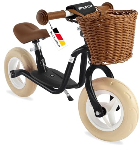 PUKY LR M CLASSIC Schwarz | Laufrad ab 2 Jahre | Kinderspielzeug ab 2 Jahre | Retro Look Kinder Laufrad | Balance Bike | Lauflernrad mit Lenkerkorb & Seitenständer | Höhenverstellbarer Lenker & Sattel