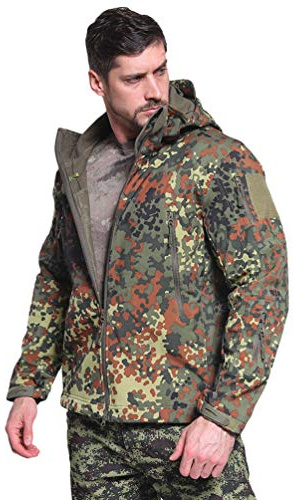 Ketamyy Uomo Tattico Mimetiche Giacche Impermeabile Softshell Fodera in Pile Giubbino Autunno Inverno Outdoor Trekking Caccia Alpinismo Antipioggia Cappotti con Cappuccio Tedesco Camo XL