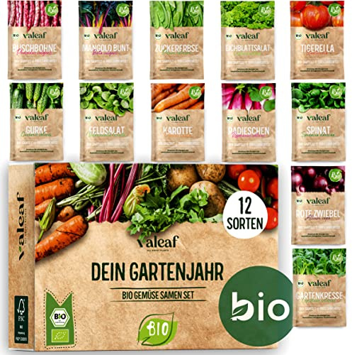 valeaf BIO Gartenjahr Samen Set I Gemüsesamen das ganze Jahr I 12 Monate Samen Gemüse I Gemüsesamen Set für Hochbeet, Balkon und Garten I Samen Set mit Gemüse Saatgut I 12er BIO Pflanzensamen Set