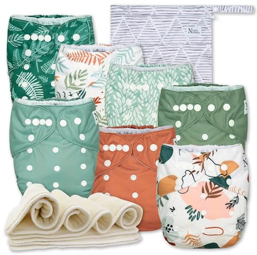 Nora's Nursery Cloth Diapers 7 Pack with 7 Inserts & 1 Wet Bag - Waterproof Cover, Washable, Reusable & One Size Adjustable Pocket Diapers for Newborns and Toddlers - Oasis