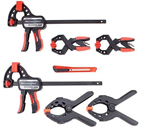 MichaelPro MP018001 7-Piece Woodworking Clamps Set, Professional Spring, Ratchet, Bar Spreader Clamps & Multi-Purpose Cutter. Holds & Positions Quickly for Woodworking, Photography & DIY