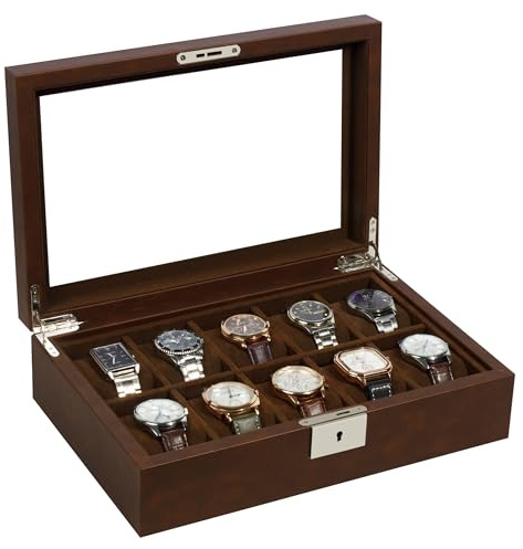KILHS Uhrenbox mit 10 Fächern und Großem Glasdeckel - Abnehmbares Uhrenkissen, Abschließbarer Organizer, Weiches Samtfutter - Geschenk, Braun