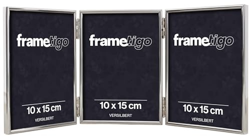 Frametigo - Silver Plated Thin Edge Triple Photo Frame, 4x6 (10x15cm) Photo Size - Portrait Orientation - Velvet Frame Backing - Polished Edge Real Glass - Stylish Silver Frames - Tarnish Resistant