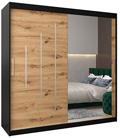 ABIKSMEBLE York 2 200 Armoire à Deux Portes Coulissantes pour Chambre à Coucher - Moderne Armoire de Rangement avec Miroir, Tringle et Étagères - 200x200x62 cm (L x H x P) - Noir Mat + Artisan