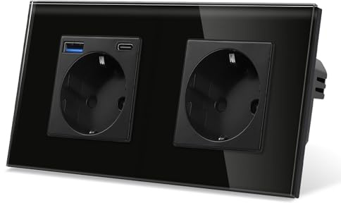 CNBINGO Steckdose mit 1x USB-C/A, 20W Schnellladen, 2-Fach Schwarz Glas | Schuko Steckdose Unterputz mit USB-Schnellladung, Wandsteckdose mit Kindersicherung, Horizontal oder Vertikal, Glasrahmen