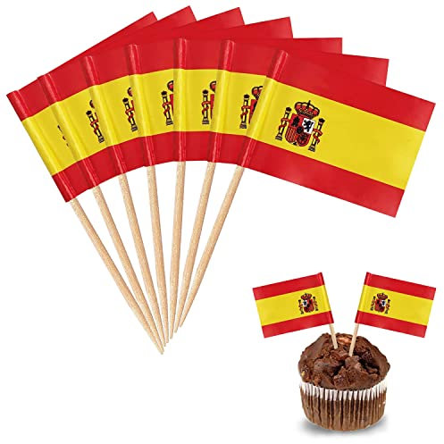 YXHZVON 100 Palillos Bandera de España, Palillo de Cóctel Banderas Mini Bandera Cupcake Toppers Palillo para Comida de Fiesta Pastel Platos de Fruta Fiesta Pub Decoración