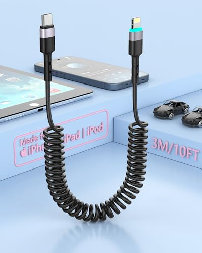 Cable en Espiral USB C a Lightning, Cable Apple Carplay Certificado MFi,Cable Retráctil USB C Lightning con Transferencia de Datos Cable en Espiral USB C Lightning Corto para iPhone/Pad/Pod(3M