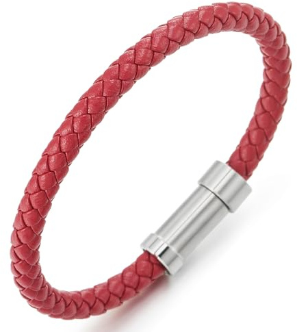 COOLSTEELANDBEYOND Minimalistischen Herren Damen Rot Leder Armband, Geflochtenes Leder Armreif, Edelstahl Tunnel Verschluss