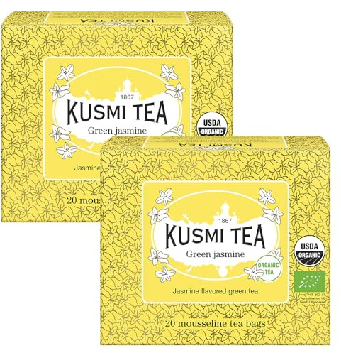 Kusmi Tea - Vert au Jasmin Bio - Lot de 2 boîtes - Mélange Biologique de Thé Vert au Jasmin - Thé Vert Aromatisé - À Déguster Chaud ou en Thé Glacé - 2x20 Sachets de Thé