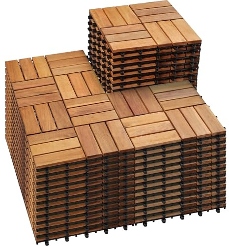 PrimeZone 54 PCS Solid Acacia Wood Interlocking Patio Deck Tiles - 12 x 12 Indoor Outdoor Waterproof Flooring Tiles for Balcony, Backyard & Poolside, All Weather Use, Natural Wood, Checker