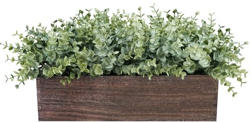 Winlyn 14 Artificial Eucalyptus in Rectangular Wood Planter Box Faux Plants Arrangement Centerpiece Wooden Potted Eucalyptus Plant for Farmhouse Wedding Dining Table Centerpiece Greenery Mantel Décor