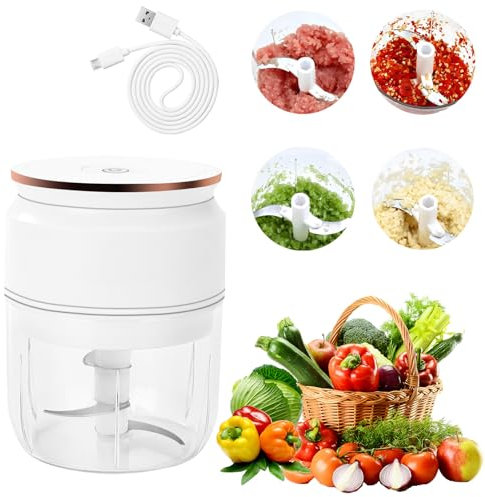 Affettatrice elettrica 300 ml tritatutto elettrico tritatutto cipolla cucina ricaricabile con cavo di ricarica, tagliaverdure elettrico per carne, cipolle, aglio, verdura, frutta (bianco)