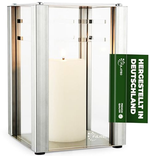 FULATEC Windlicht aus Edelstahl & Aluminium mit austauschbaren Acrylglas-Scheiben – für Kerzen und LED-Kerzen im Innen- und geschützten Außenbereich