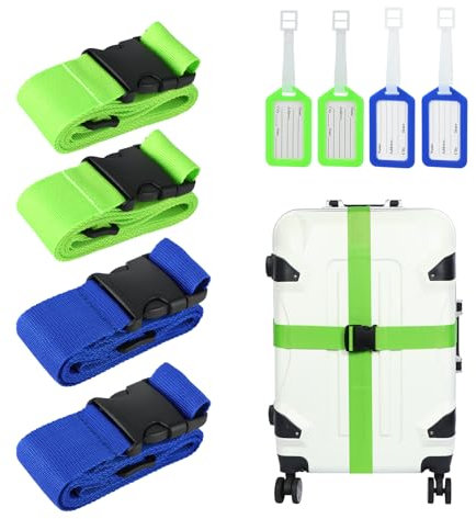 Koffergurt,Quiet Shade-Clematis Blue,Kofferband & Koffergurt Set，Einstellbare rutschfest Gepäckband Lang kofferbänder Luggage Strap + 4 Stück Kofferanhänger Sicher Reisen für Koffer，2grün+2Blau
