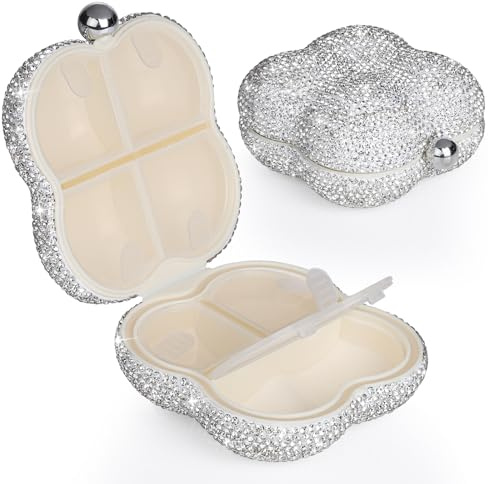 Soleebee Diamant Pillendose, Bling Kleine Tablettenbox 7 Tage Mini Tablettendose Tragbare Pillenbox Tabletten Medizin Vitamin Organizer für Outdoor Sport Reisen Camping (Silber, Wolke 7 Fächern)
