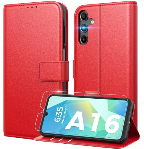 Peakally Funda para Samsung Galaxy A16 con Tapa, [Protector Pantalla] [Bloqueo RFID] [Ranura para Tarjeta] Funda Libro Carcasa para Samsung A16 5G PU Case [Cierre Magnético] [Función Soporte], Rojo