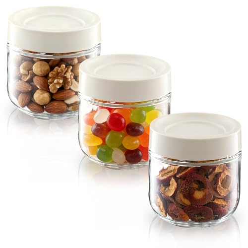 MEETOZ Glass Jars with Lids,Overnight Oats Containers with Screw Lid,Reusable Small Mason jars for Food Spice Fruit Sauce Cereal Snacks Storage (3 pack 10oz Beige)