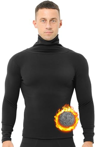 Zueauns Haut Thermique Col roulé pour Homme à Manches Longues Tee Shirt Doublure en Peluche sous-vêtements Thermiques Hiver Baselayer Chaud Hauts Thermiques Homme Confortable et Respirant