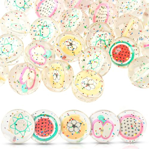 TIVUNORON 30 Stück Flummies für Kinder, 30MM Frucht Kleine Flummis, Cartoon Gummiball Kinder Glitzer Springball Hüpfball Flummis Geschenktüten Füllung Party Geschenk Spielzeug, Zufälliger Stil
