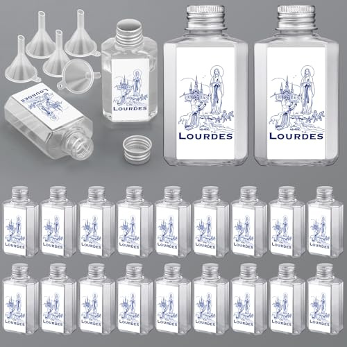 Chuangdi 25 botellas de agua bendita de Lourdes con embudos, botellas de plástico de agua de 60 ml/56.7 g, botellas vacías de agua bendita, regalos católicos Holi para eventos de iglesia, bautismos