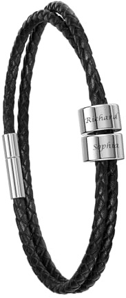 PiercingJak Partnerarmbänder mit Gravur 2-5 Namen Armband Schwarz Lederarmband geflochten Leder Kette Wickel Edelstahl Namensperlen ID Armreif Personalisierte Geschenke für Partner Mann Frauen Familie