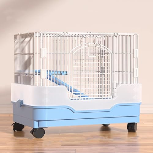 Freilaufgehege Kaninchen mit Dach for Den Innenbereich, Freigehege für Kaninchen Indoor mit Rädern, 2-stöckiges Hasenhaus, Leicht zu Reinigen und zu Montieren(Blue)