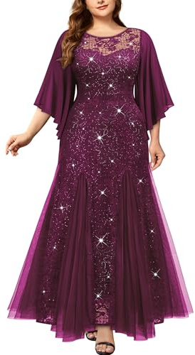MISSMAY Women's Plus Size Elegant Butterfly Sleeve Chiffon Floral Sequin Lace Contrast Mesh Mermaid Hem Evening Party Long Dress (2XL, Maroon)