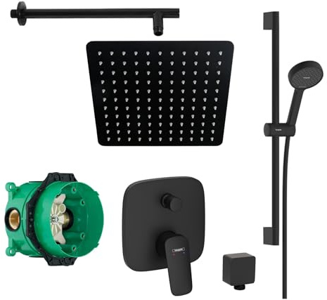 vanvilla Duschsystem Unterputz mit Duscharmatur Hansgrohe schwarz HGS53 | Duscharmatur von Hansgrohe Logis Einhebelmischer und vanvilla Regendusche Duschkopf eckig Duschstange Dusch-SET schwarz