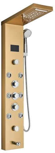 Harnart Système de tour de douche à LED 5 en 1, en acier inoxydable, 5 fonctions avec cascade, pommeau de pluie et douchette à main, système de colonne de douche mural, doré