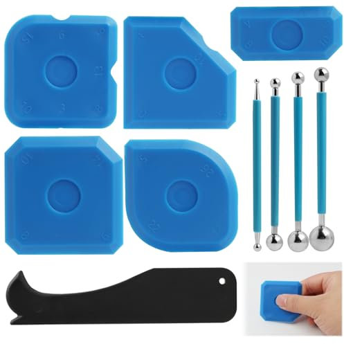 LUCTHY 10PCS Silicone Sealant Finishing Set, Grout Sealing Smoother Kit Incl 4 Caulking Tool Metal Ball, 5 Silicone Grouting Removal Tool, 1 Plastic Scraper for Kitchen Bathroom Floor Corner Tiles