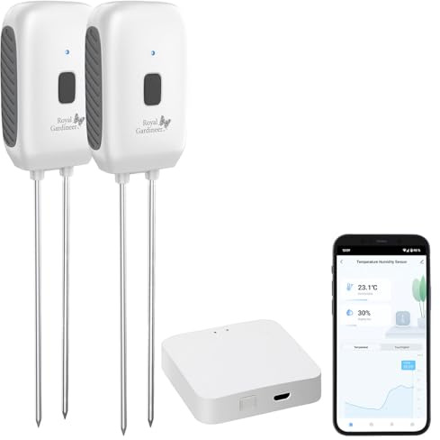 Royal Gardineer Bodenfeuchte Messgerät: 2er-Set Boden-Feuchtigkeits-&Temperatur-Sensoren mit WLAN-Gateway, App (Feuchtigkeitsmesser Pflanzen Apps, Humidity Sensor, Thermo)