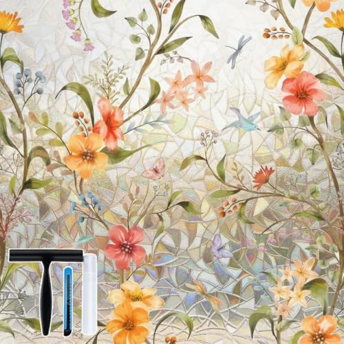 Volcanics Stained Glass Window Film with Installation Tools, Rainbow Window Privacy Film, Decorative Window Clings for Glass Windows, Static Cling Sun Blocking Floral Decals, 35.4 x 78.7 Inch