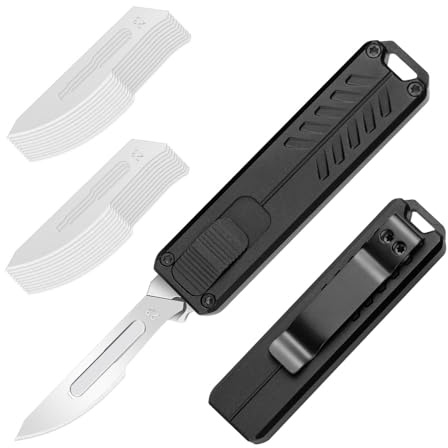cckk Retractable Utility Knife, Aluminium Alloy Pocket Knife with Clip, Black Pocket Knife, Push Button EDC Razor Knife with 20PCS #23 Blades