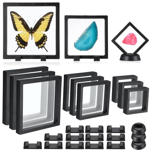 BTSKY 9pcs Square 3D Floating Display Case Frames - 3 Sizes Transparent PE Display Case Holder with Black Frame for Coins Jewelry Medallions Specimens, Showing Storage Box