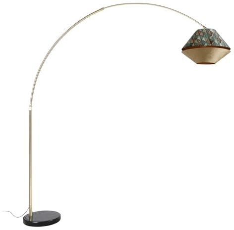 Qazqa - Klassisch I Antik Bogenlampe aus Messing mit doppeltem Samtschirm Blattdesign und Beige - XXL I Wohnzimmer I Schlafzimmer - Velours Rund - LED geeignet E27