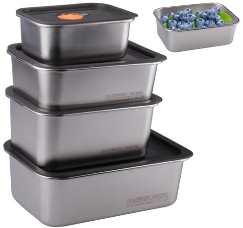 Doafoce 4 Pezzi Contenitori per Alimenti con Coperchio Contenitori Acciaio Inox per Alimenti Riutilizzabili Contenitore Cibo Per frigorifero, ristorante, cucina (1000ml+2000ml+3000ml+4300ml)