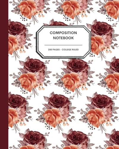 8x10 Floral Journal Notebook – 200 College Ruled Pages – Maroon & Coral Roses – Fall Writing Journal for Teens, & Adults