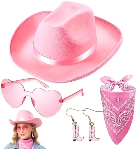 WFKKMEQ Cowboyhut für Damen, Cowgirl Hut Zubehör Set mit Brille Halstuch Breiter Krempe Cowboyhüte Fashion Western Cowboy Hut Cowgirl Kostüm Accessoires für Halloween Karneval Cosplay(Schwarz)