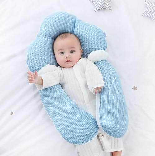 VLEDARLING Baby Kissen Original, Generisch Baby Seitenlagerungskissen, Kopfstützkissen gegen Plattkopf, Babykopfkissen,Abnehmbar und Waschbar,Verstellbare Lagerungshilfe für Kopf und Körper(Weiß+Blau)