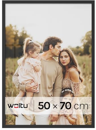 WOLTU Bilderrahmen 50x70, Schwarz, MDF-Holz Fotorahmen mit Passepartout | Posterrahmen für Poster, Fotos, Puzzle, aufhängbar und aufstellbar, Collage-Wanddeko mit bruchsicherer PS-Platte ohne Glas