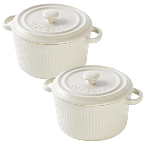 2er Mini Cocotte mit Deckel 400ML, Runde Auflaufform Klein, Keramik Auflaufformen mit Griffen für Lasagne, Soufflé, Gemüse, Creme Brûlée, für Heißluftfritteuse, Backofen, Mikrowellenherd, Cremeweiß