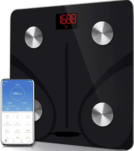 Balance Connectée Intelligente, Pèse-Personne Numérique avec Écran LED, Application Mobile pour Analyse Corporelle, Noir, Masse Graisseuse Application Mobile (IMC, Masse Grasses...)