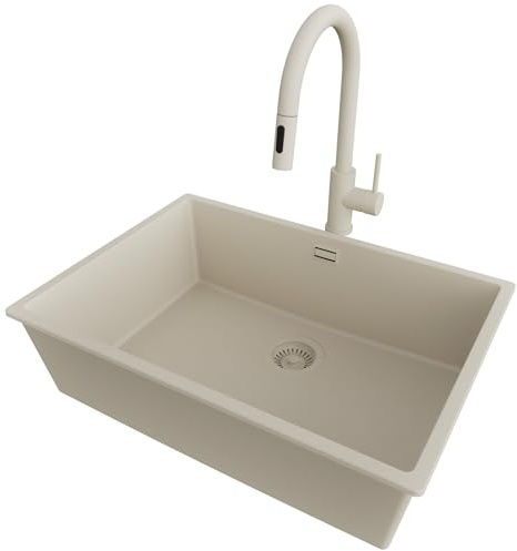 PRIMAGRAN Fregadero bajo Encimera al Mueble 70cm + Grifo, 66x47cm | Set: Grifo BW9010 + Kit de desagüe (sifón, válvula, rebosadero) + London 1 Seno Granito, Todo Beige