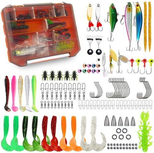 Yiomxhi 137 Pièces Leurres de Pêche avec Boîte, Accessoires de Pêche Spinnerbaits Plastique vers Minnow Hameçons Poids, Kit D'appâts Portable pour Brochet Sandre Truite Perche Cadeau Hommes