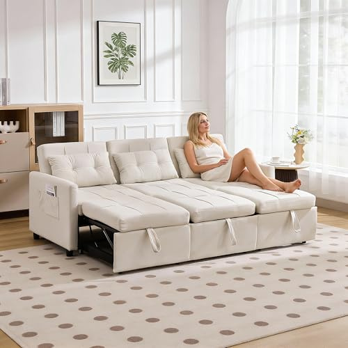 Wyibwy Sofá 3 plazas con función Cama,sofá rinconera en L con Respaldo Ajustable 180°,sofá 3 plazas Convertible con Bolsillos Laterales,sofás Plegables,sofá Modular en L,para salón(A-Beige)