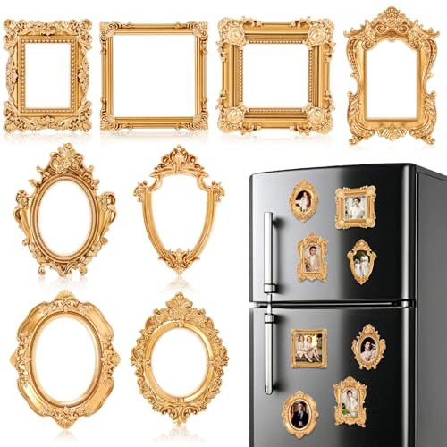 Whaline 8Pcs Mini Gold Magnetic Picture Frames for Refrigerator Small Vintage Photo Frames with Magnets for Home Kitchen Fridge Display Decor