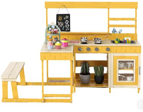 GYMAX Kids Mud Kitchen, Children Pretend Play Kitchen with Picnic Table, Bench, Blackboard, Stoves, Kitchenware & Dessert Accessories, Outdoor Wooden Toy Kitchen Set for 3+ Years Old (Natural) | with Picnic Table, Bench, Blackboard, Stoves, Kitchenware & Dessert Accessories, Wooden Toy Kitchen Set for 3+ Years Old