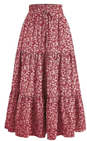 Jupe Longue Fleurie Femme Coton à Élastiques Taille Haute Confortable Jupes Plissée Élégantes A-Ligne Fleurie Boheme Imprimé pour Printemps Et Été Coupe Trapèze Dress Maxi De Plage Vacances